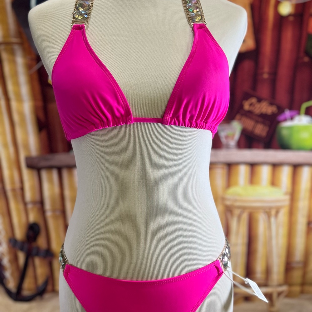 BIKINX Hot Pink Embellished Bikini Set | Medium | Jewel Strap Glam Swim | New